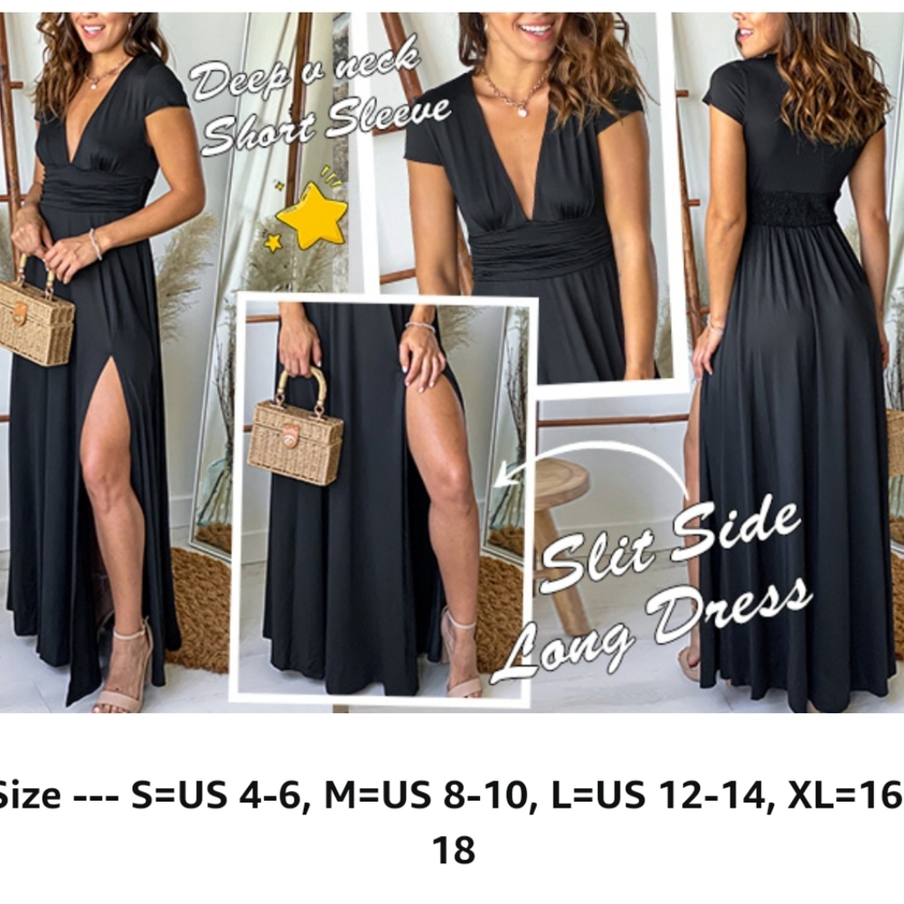 ANRABESS DeepV Neck Short Sleeve NWT Pleated High Waist Slit Maxi Dress Party S - Picture 4 of 16
